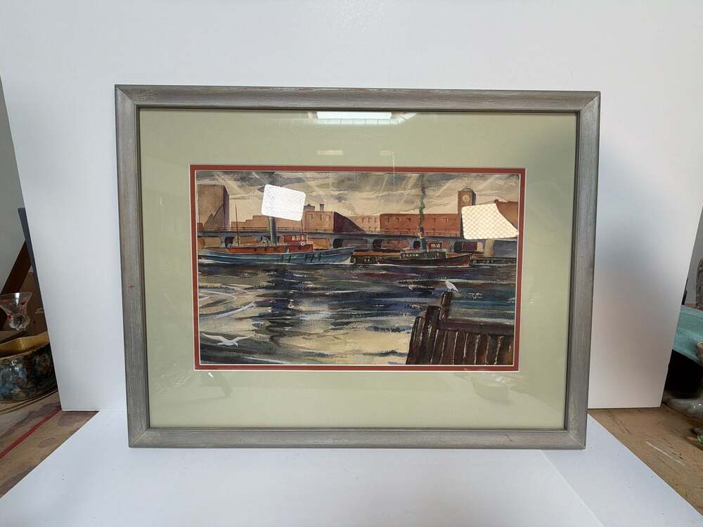 Vintage Watercolor Painting Bridgeport Harbor by Henry E. Walsh